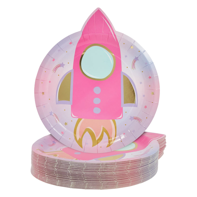 48 Pack Pink Rocket Plates for Girls Outer Space Birthday Party Supplies (9 In)