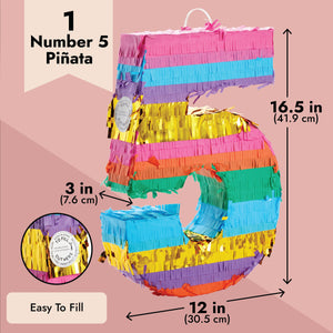 Rainbow Number 5 Pinata for 5th Birthday Party Decorations, Fiesta , Cinco de Mayo Celebration (Small, 12 x 16.5 x 3 In)