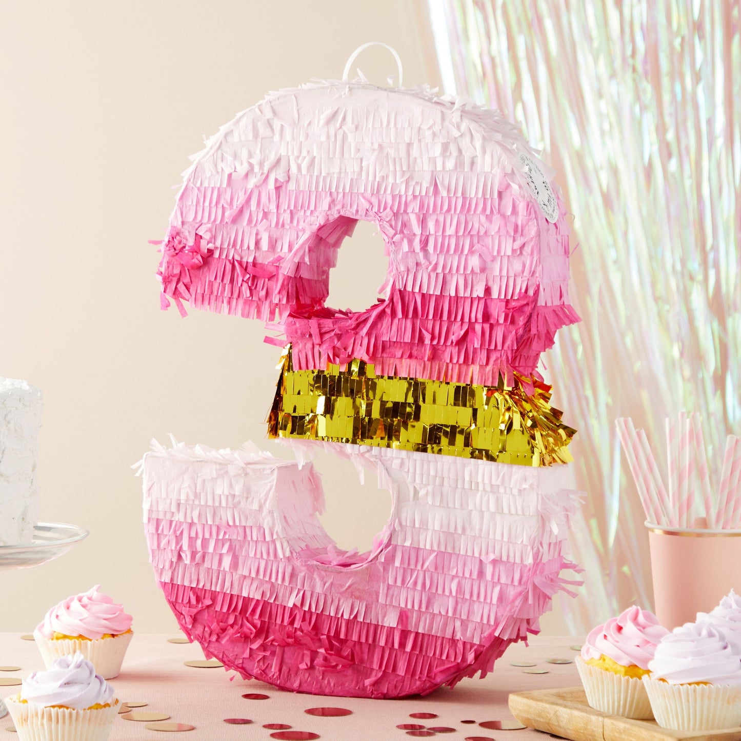 Small Number 3 Pinata for Girls 3rd Birthday Party Decorations, Pink and Gold Foil (16.5 x 11 In)