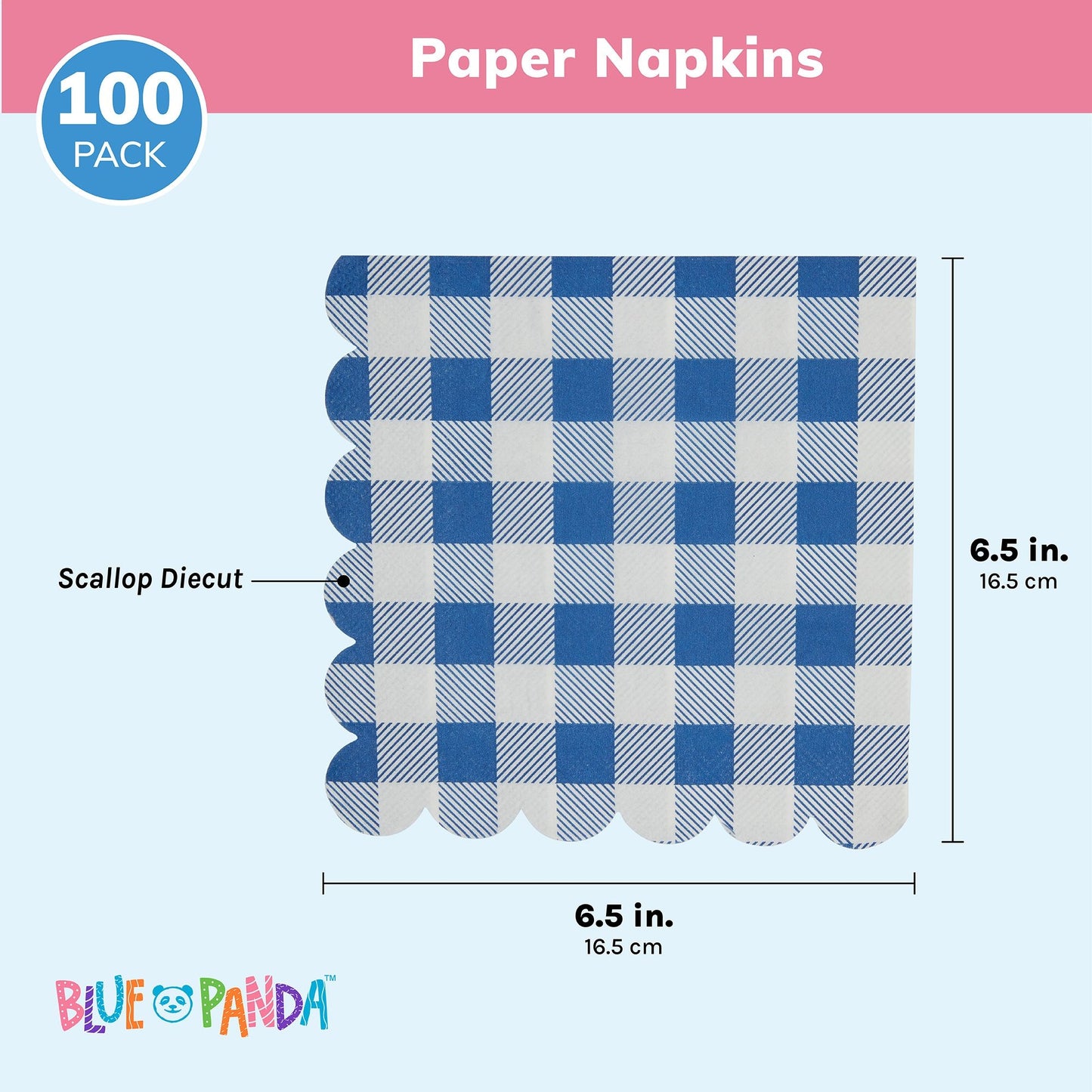 100 Pack Blue Gingham Printed Paper Napkins for Summer Party (6.5 x 6.5 In)