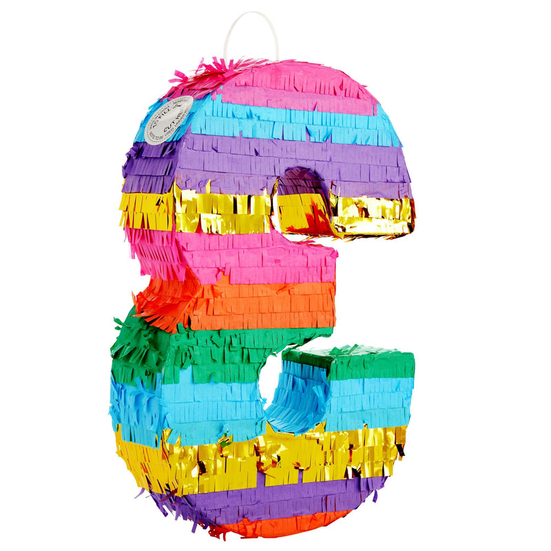 Rainbow Number 3 Pinata for 3rd Birthday Party Supplies, Fiesta , Cinco de Mayo Celebration (Small, 16.5 x 11 x 3 In)