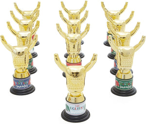 12 Pack Ugly Christmas Sweater Trophy Award with Stickers for Party Decorations, Ugly Sweater Kit