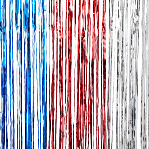 Metallic Tinsel Foil Fringe, Patriotic Wall Decor for 4th of July Party (3 Pack)