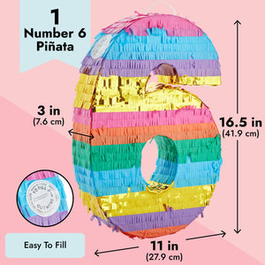 Rainbow Number 6 Pinata for 6th Birthday Party Supplies, Fiesta, Anniversary Celebration (Small, 16.5 x 11 x 3 In)