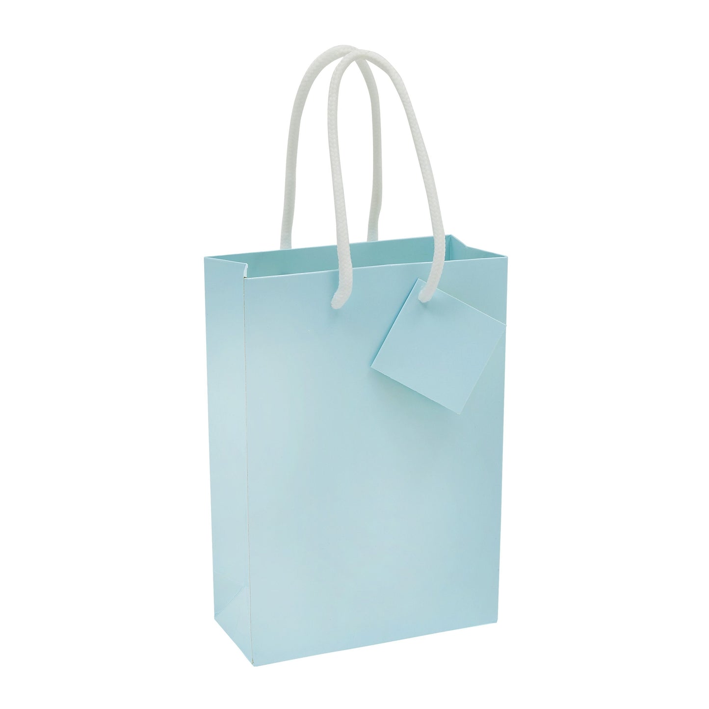 20-Pack Small Paper Gift Bags with Handles, 5.5x2.5x7.9-Inch Goodie Bags with 20 Sheets White Tissue Paper and 20 Hang Tags for Small Business (Light Blue)