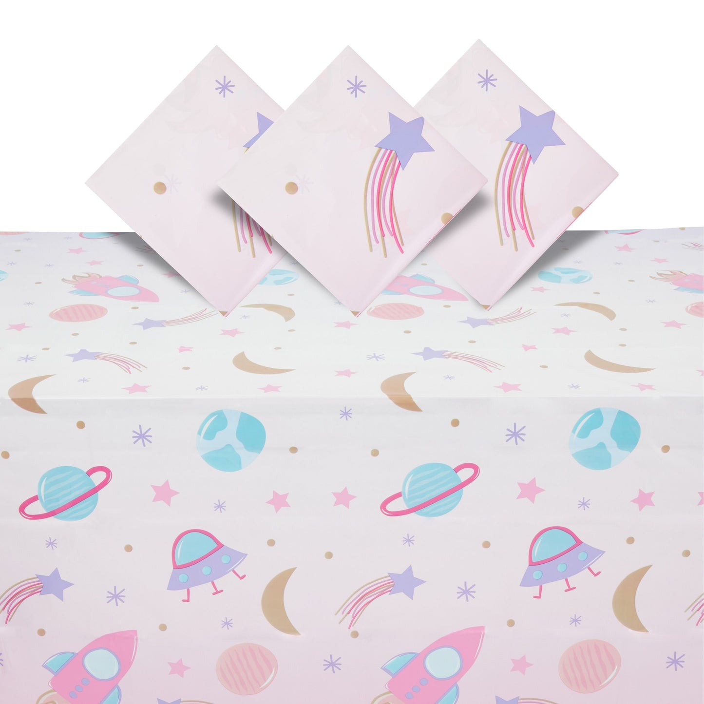 3 Pack Pink Plastic Space Table Cover for Girls Outer Space Birthday Party Supplies (54 x 108 In)