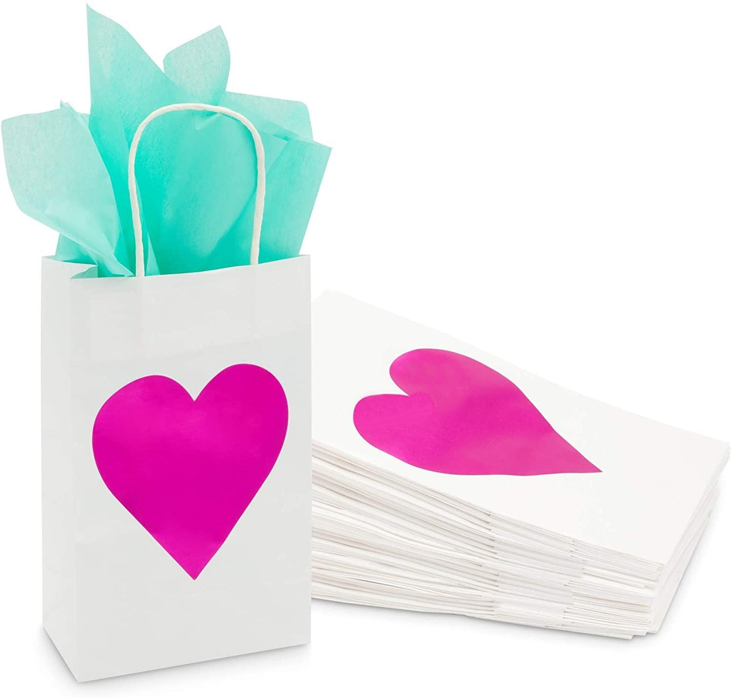 White Gift Bags with Handles for Valentines, Hot Pink Heart (24 Pack)