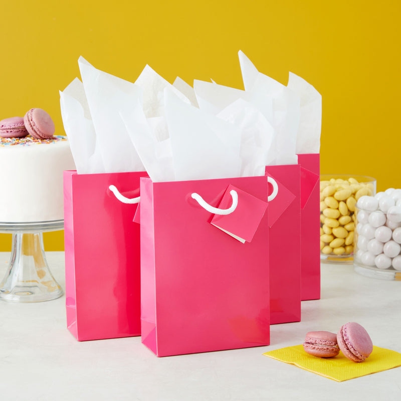 20-Pack Small Paper Gift Bags with Handles, 5.5x2.5x7.9-Inch Goodie Bags with 20 Sheets White Tissue Paper and 20 Hang Tags for Small Business (Hot Pink)