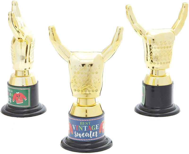 12 Pack Ugly Christmas Sweater Trophy Award with Stickers for Party Decorations, Ugly Sweater Kit