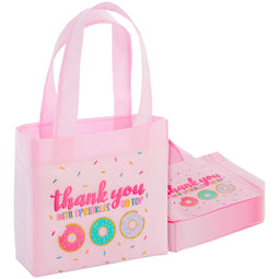24 Pack Donut Goodie Bags - Pink Donut Theme Party Favor Totes for Girl's Birthday, Baby Shower, Special Event (6.5 x 7 x 2 In)