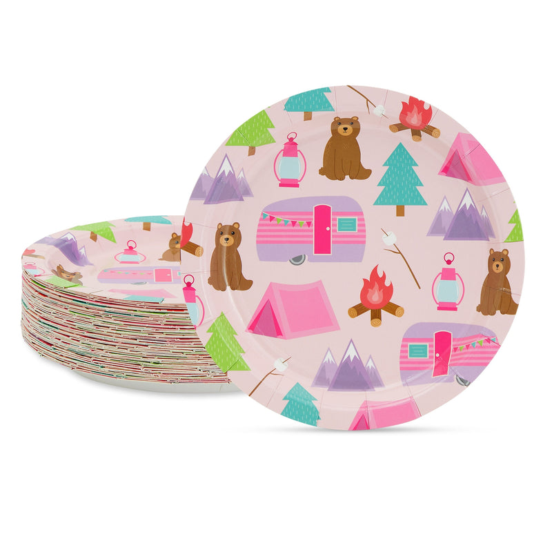 48 Pack Pink Camping Paper Plates for Girls One Happy Camper Birthday Party Supplies (7 In)