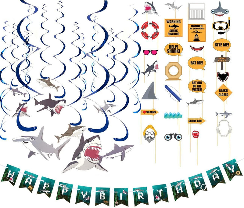 21 Pcs Happy Birthday Shark Party Decorations for Kids with Under the Sea Theme Ceiling Swirl, Banner Garland & Photo Props