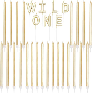 31 Count Gold Long Thin Birthday Cake Candles with Holder and Letter Candle "Wild ONE" Cake Topper Value Pack, for Women Girls Party Decoration Celebration