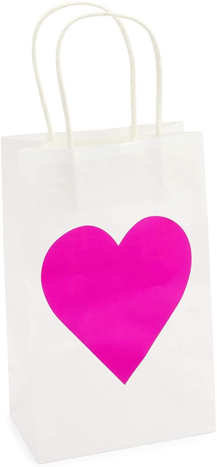 White Gift Bags with Handles for Valentines, Hot Pink Heart (24 Pack)