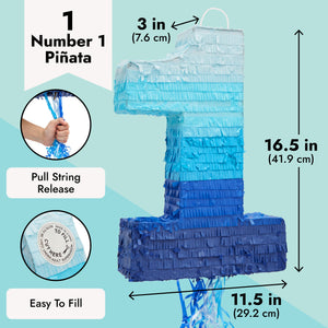 Number 1 Pull String Pinata for Boys, 1st Birthday Party Decorations, Ombre Blue (16.5 x 11.5 x 3 In)