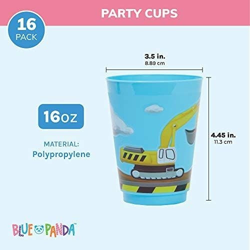 16 Pack Plastic Excavator Cups for Kids, Construction Party Favors for Birthday Party Supplies (16 oz)