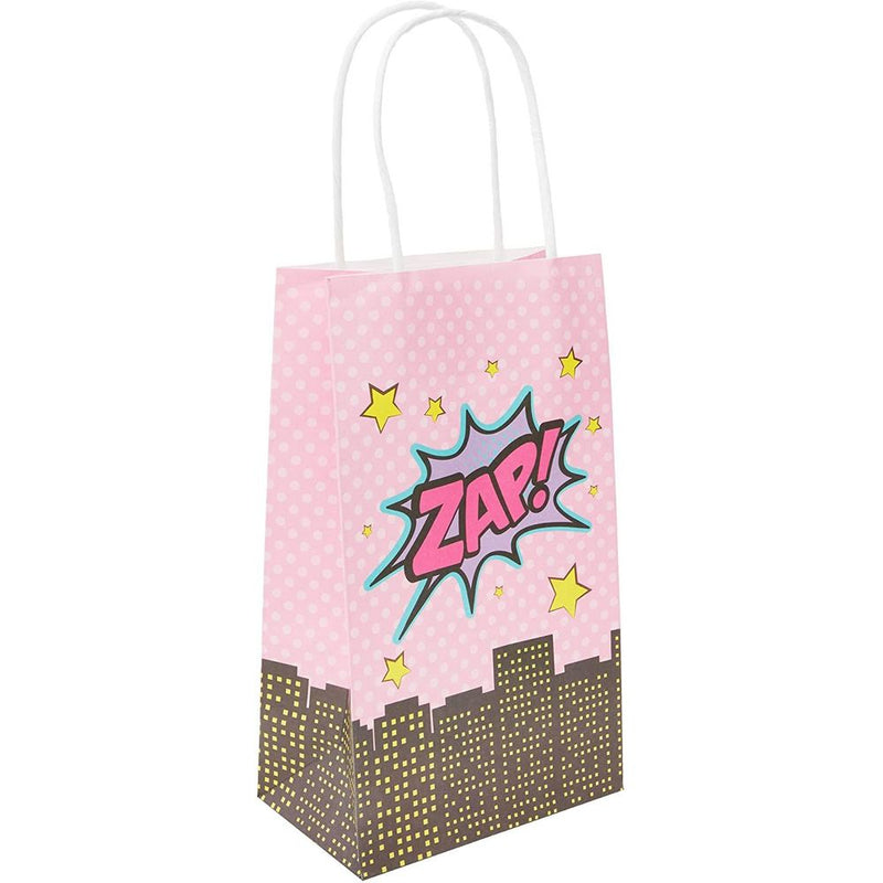 Pink Comic Book Hero Party Favor Bags with Handles for Girls Birthday (24 Pack)