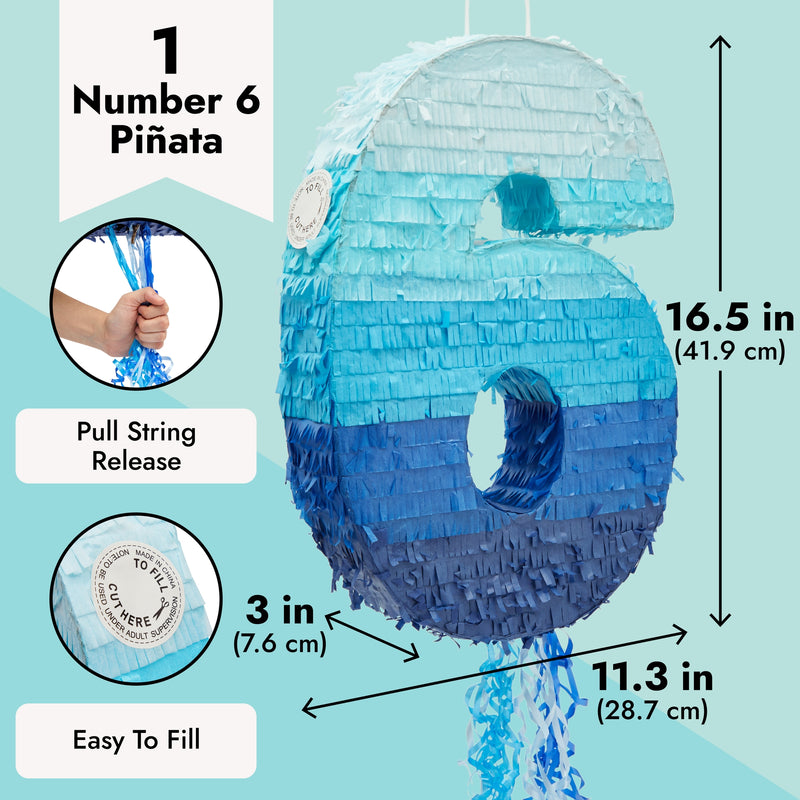 Number 6 Pinata - Pull String Pinata for Boys 6th Birthday Party Decorations, Ombre Blue (16.5 x 11.3 x 3 In)