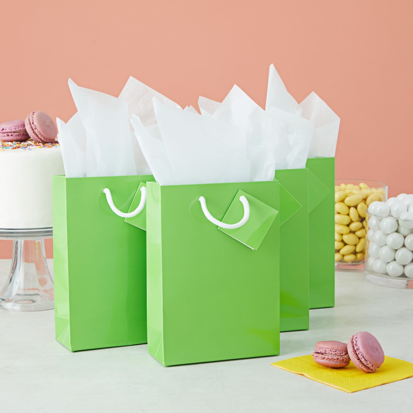 20-Pack Small Paper Gift Bags with Handles, 5.5x2.5x7.9-Inch Goodie Bags with 20 Sheets White Tissue Paper and 20 Hang Tags for Small Business (Green)