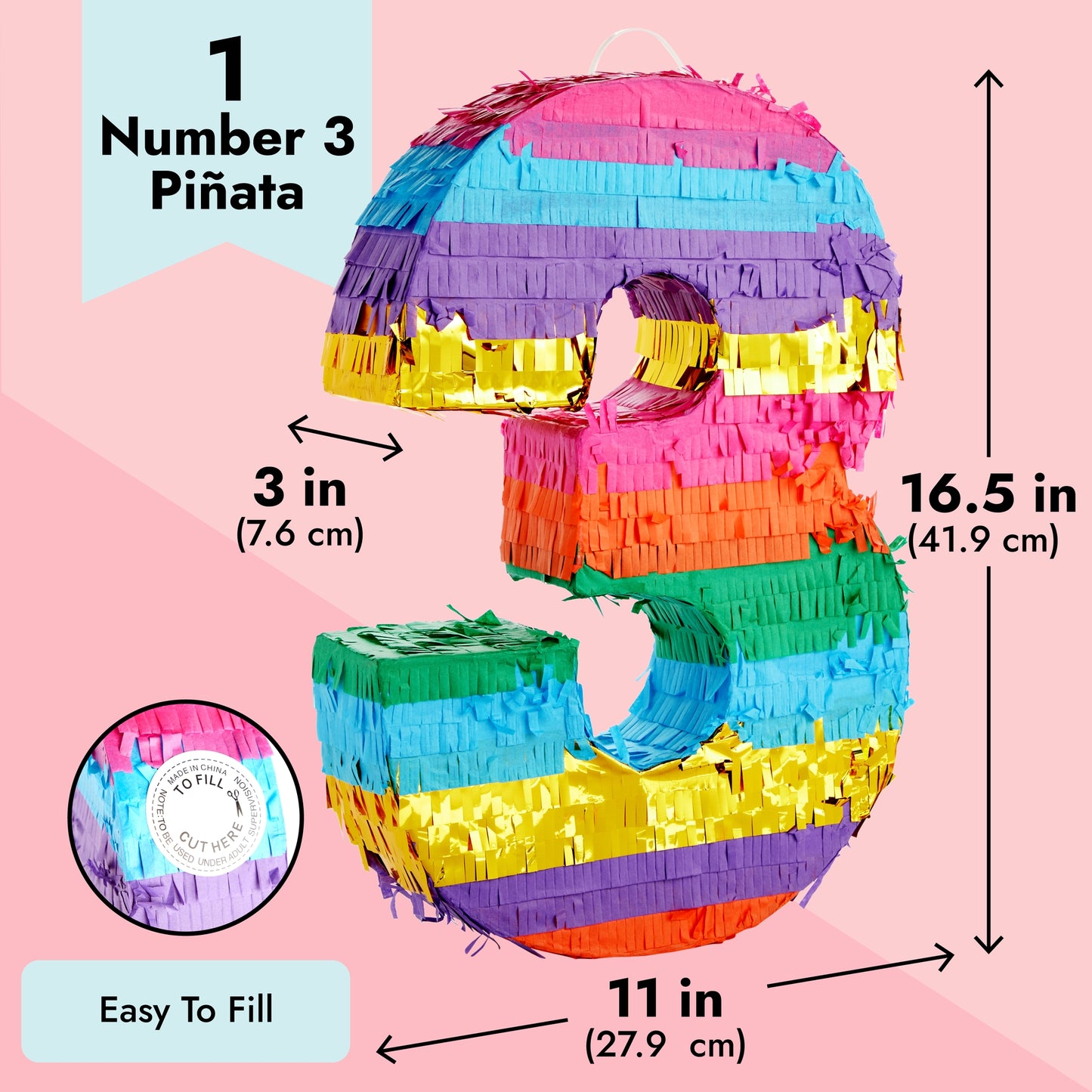 Rainbow Number 3 Pinata for 3rd Birthday Party Supplies, Fiesta , Cinco de Mayo Celebration (Small, 16.5 x 11 x 3 In)