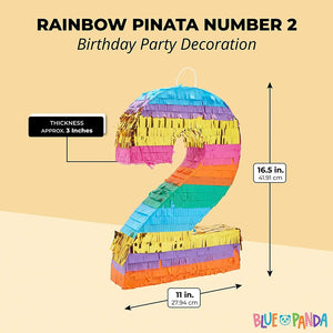 Rainbow Number 2 Pinata for 2nd Birthday Party Supplies, Fiesta , Cinco de Mayo Celebration (Small, 16.5 x 11 x 3 In)