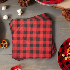 100 Pack Red/Black Buffalo Plaid Napkins for Lumberjack Birthday Party Supplies, Table Decor, Baby Shower, 6.5 Inches
