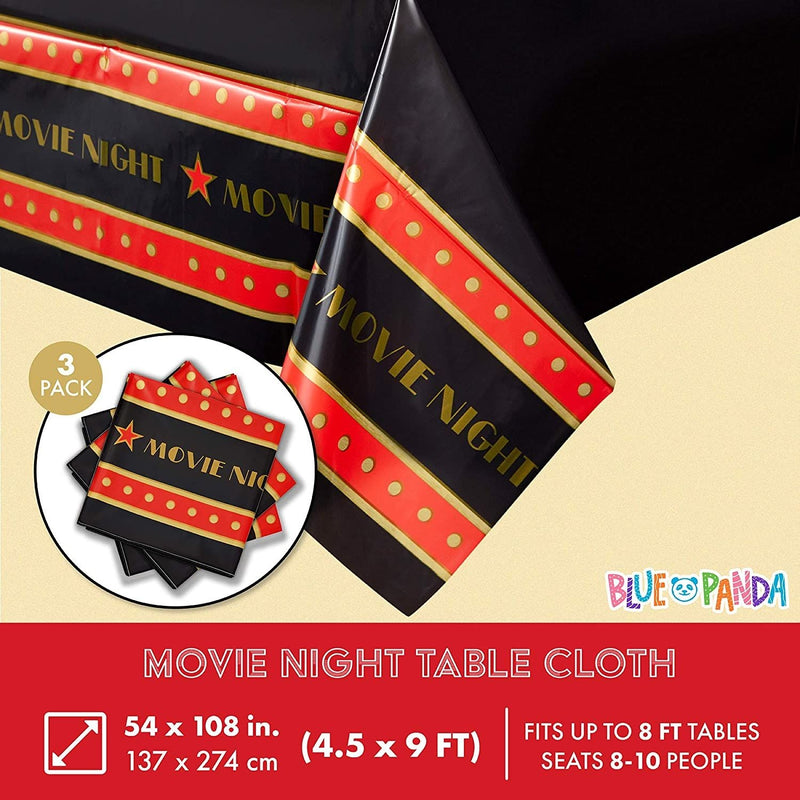3 Pack Movie Night Plastic Table Covers for Theater Birthday Party Supplies, Red Carpet Decorations (54 x 108 In)
