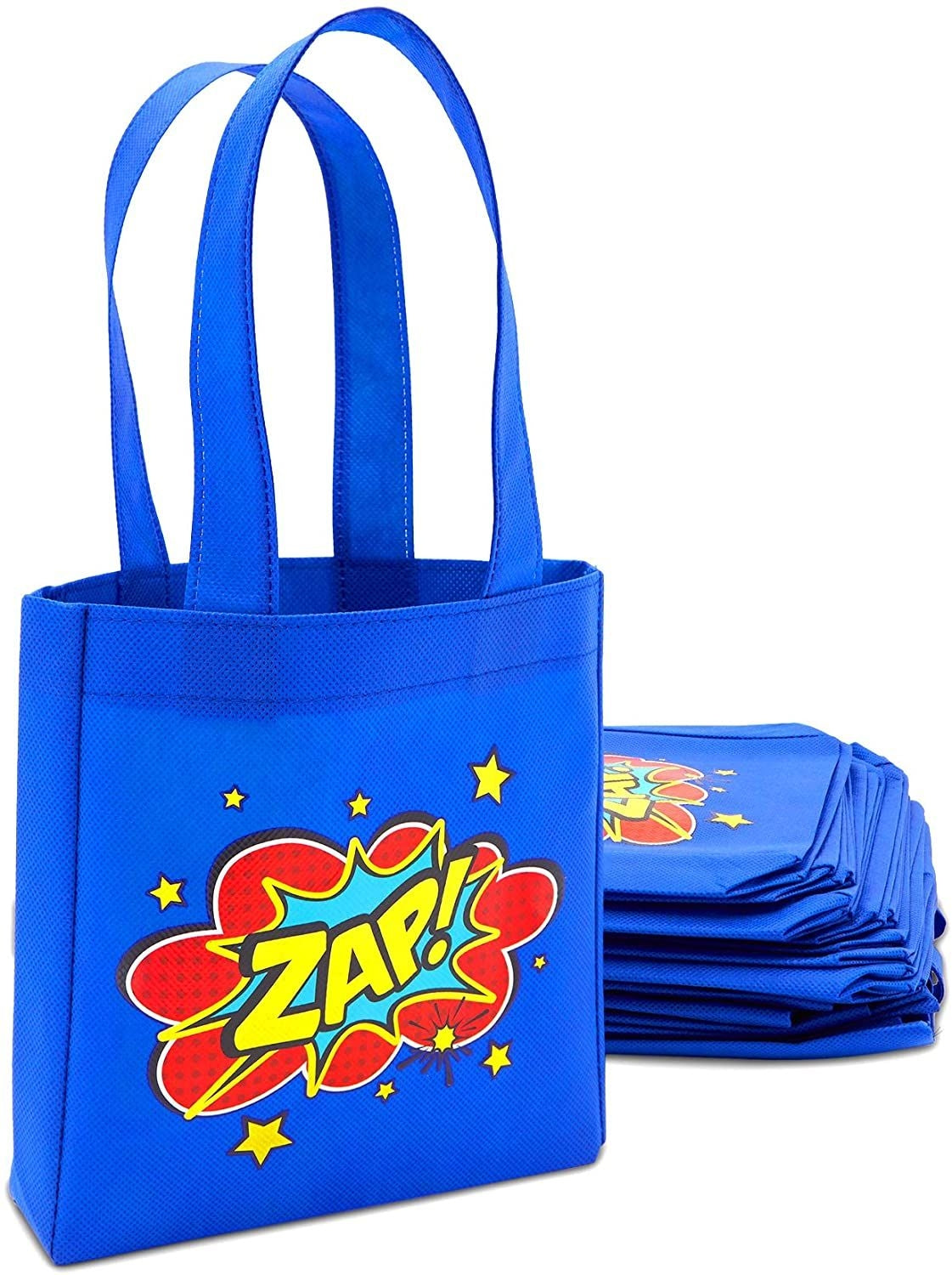 Comic Hero Birthday Party Favor Bags, Small Blue Totes (24 Pack)