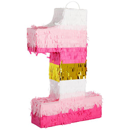 Number 1 Pinata, Pink and Gold for Girls 1st Birthday Party Decorations, Small, 16.5x11x3 in