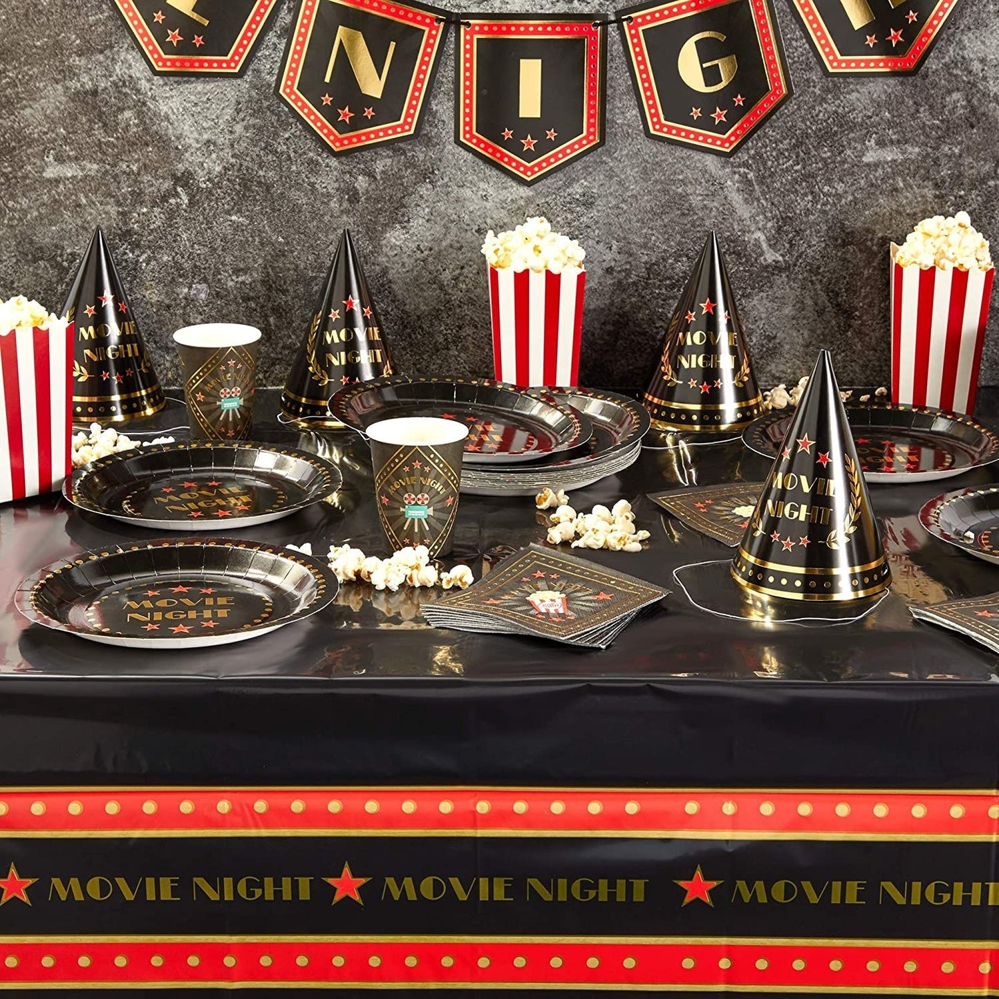 Movie Night Party Pack with Dinnerware, Hats, Banner, Tablecloths (Serves 24, 99 Pieces)