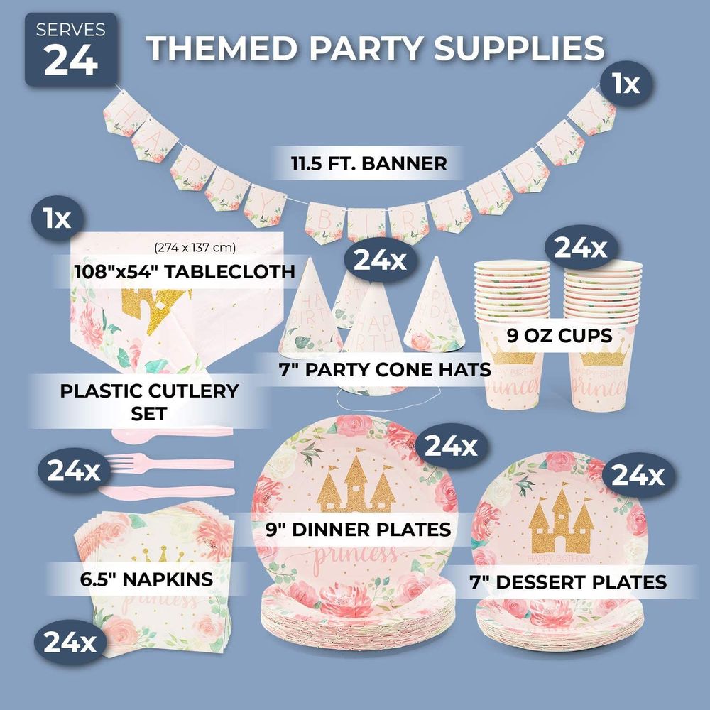 Princess Birthday Party Decorations Set, Banner, Dinnerware, Hats (24 Guests)