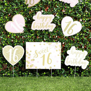 Sweet 16 Birthday Yard Signs, 8 Lawn Decorations in 3 Designs (26 Piece Set)