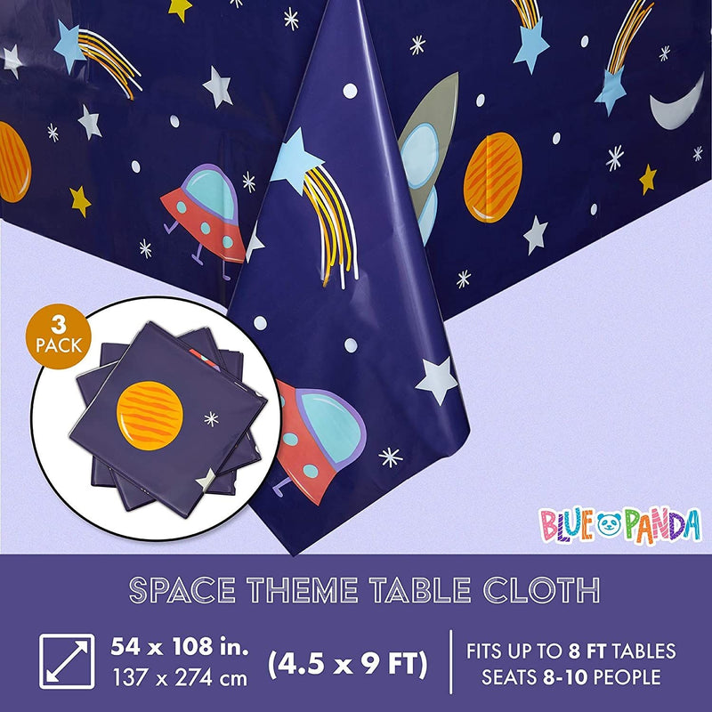Blue Plastic Tablecloth for Outer Space Birthday Party (54 x 108 in, 3 Pack)