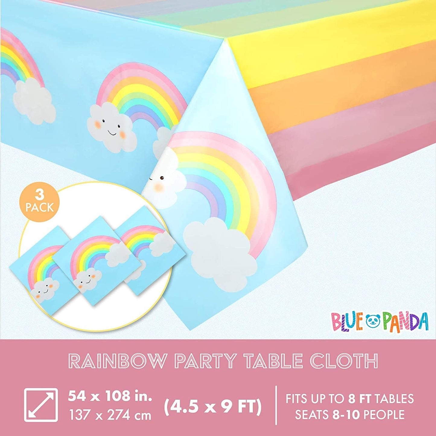 3 Pack Pastel Rainbow Tablecloth for Baby Shower Decorations, Unicorn Birthday Party (54 x 108 In)