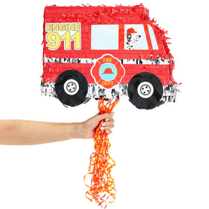 Pull String Fire Truck Pinata for Birthday Party Decorations, Firefighter Party Supplies (Small, 16.5 x 13 x 3 In)