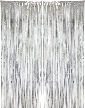 Blue Panda Silver Foil Fringe Curtains - Metallic Tinsel Backdrop for Party Decorations (3 x 8 ft, 2 Pack)