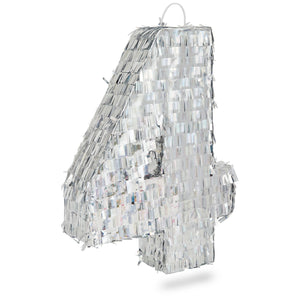 Small Holographic Silver Foil Number 4 Pinata for Kids Birthday Party Decorations (15.7x9x3 in)