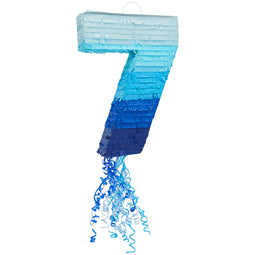 Number 7 Pull String Pinata for Boys 7th Birthday Party Decorations, Ombre Blue (16.5 x 11.35 In)