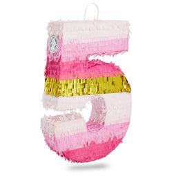 Number 5 Pinata, Pink and Gold Foil for Girls 5th Birthday Party Decorations (Small, 16.5 x 11.6 x 3 In)