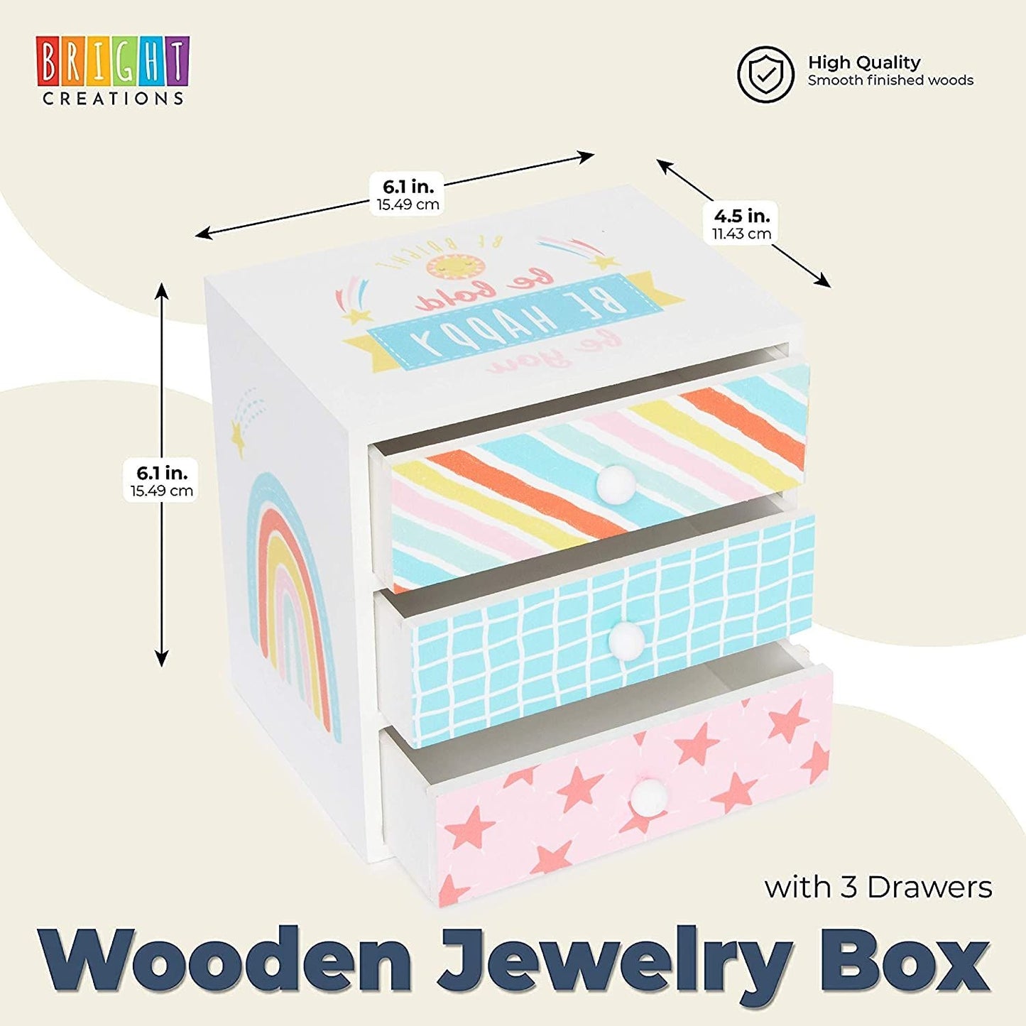 Wooden Kids Jewelry Box with Drawers for Girls, Be Bright, Be Bold, Happy, Be You (6.1 x 4.5 In)