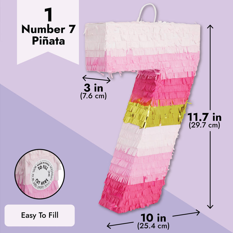 Number 7 Pinata, Pink and Gold Foil for Girls 7th Birthday Party Decorations (Small, 11.7 x 10 Inches)