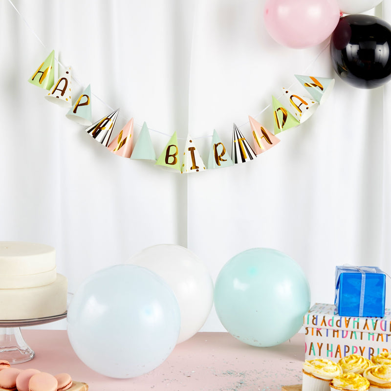 Happy Birthday Banner with 100 Balloons, Gold Party Hat Garland Decorations (5 Colors, 101 Pieces)