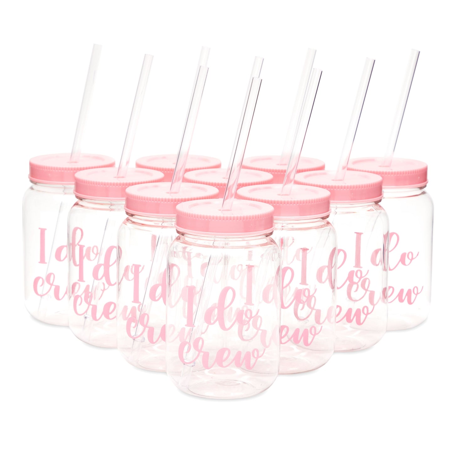 12 Pack "I Do Crew" Bachelorette Party Cups with Lids, Pink Bridal Shower Mason Jar Gifts (18 oz)