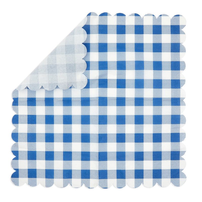 100 Pack Blue Gingham Printed Paper Napkins for Summer Party (6.5 x 6.5 In)