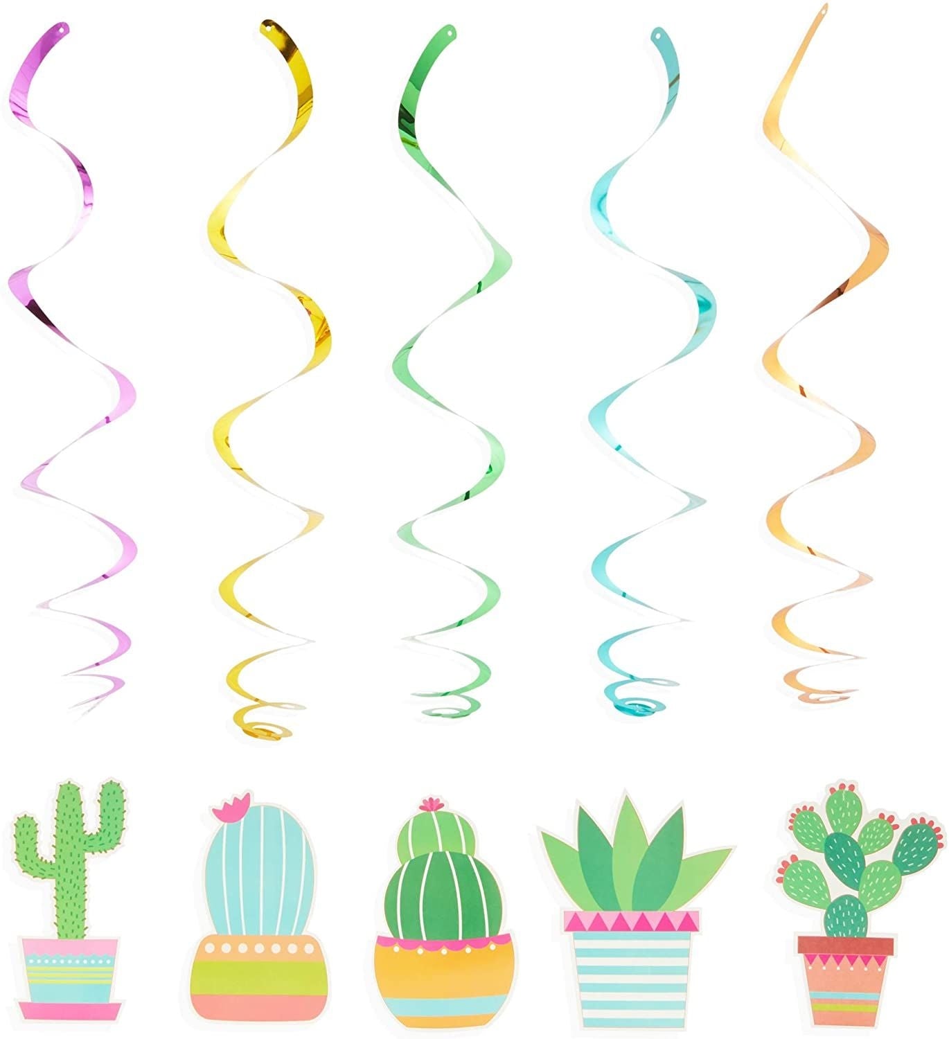 Blue Panda Cactus and Fiesta Swirl Hanging Decorations for Party Supplies (8 in, 30 Pack)