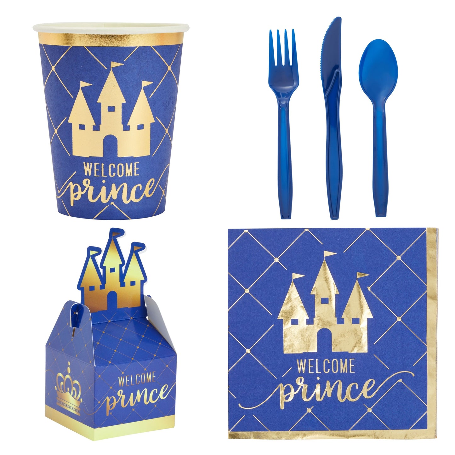 219-Piece Royal Prince Baby Shower Decorations for Boys, Blue Party Supplies Set with Balloons, Gift Boxes, Welcome Banner (Serves 24)