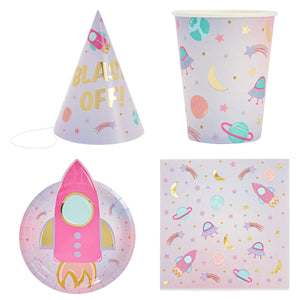100 Piece Girl Outer Space Birthday Party Supplies, Pink Galaxy Dinnerware Set with Table Covers and Banner (Serves 24)