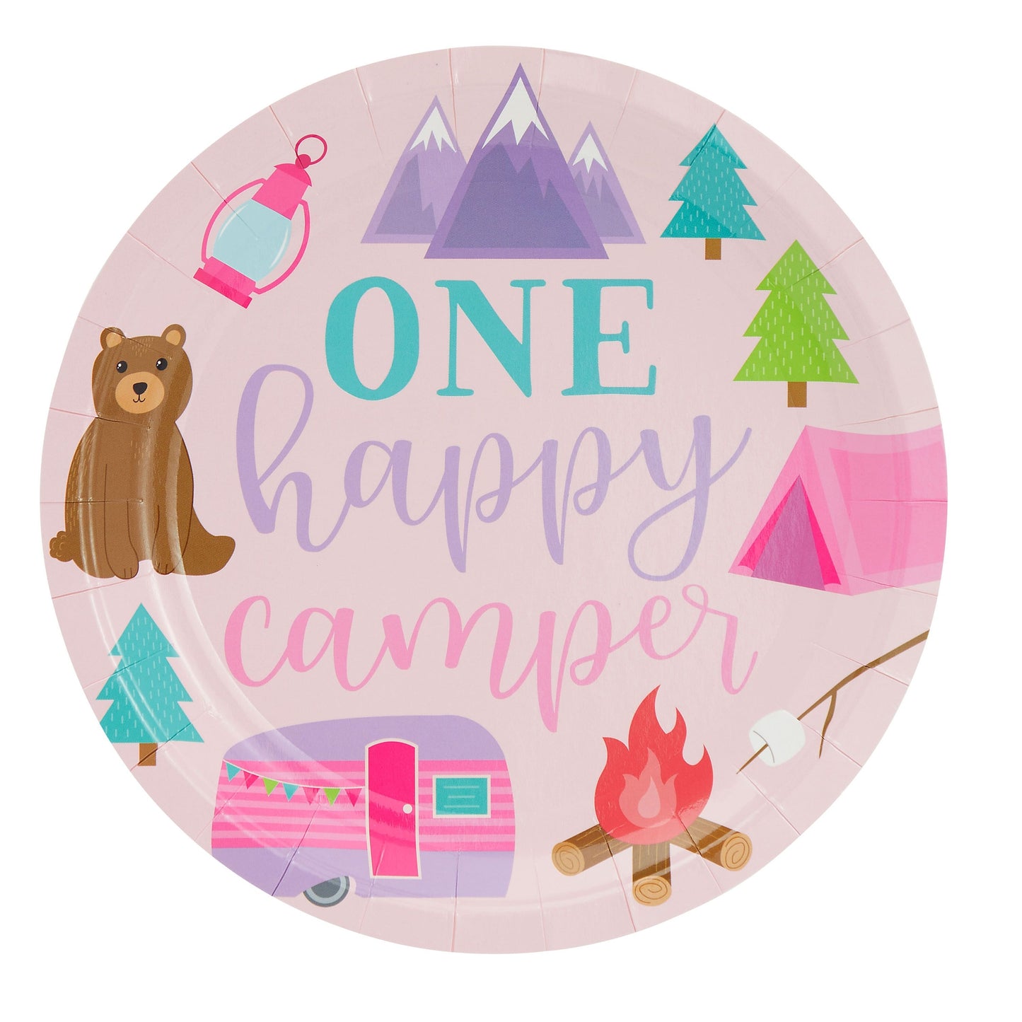 48 Pack Pink Camping Paper Plates for Girls One Happy Camper Birthday Party Supplies (9 In)