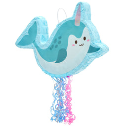 Pull String Narwhal Pinata for Birthday Party Supplies, Under the Sea Party Decorations, Baby Shower (Small, 16.5 x 12.3 x 3 In)
