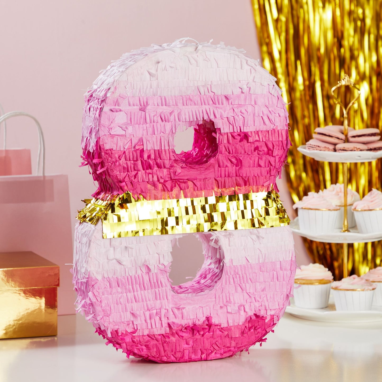 Small Pink and Gold Foil Number 8 Pinata for Kids 8th Birthday Party Decorations (16.5 x 11 Inches)